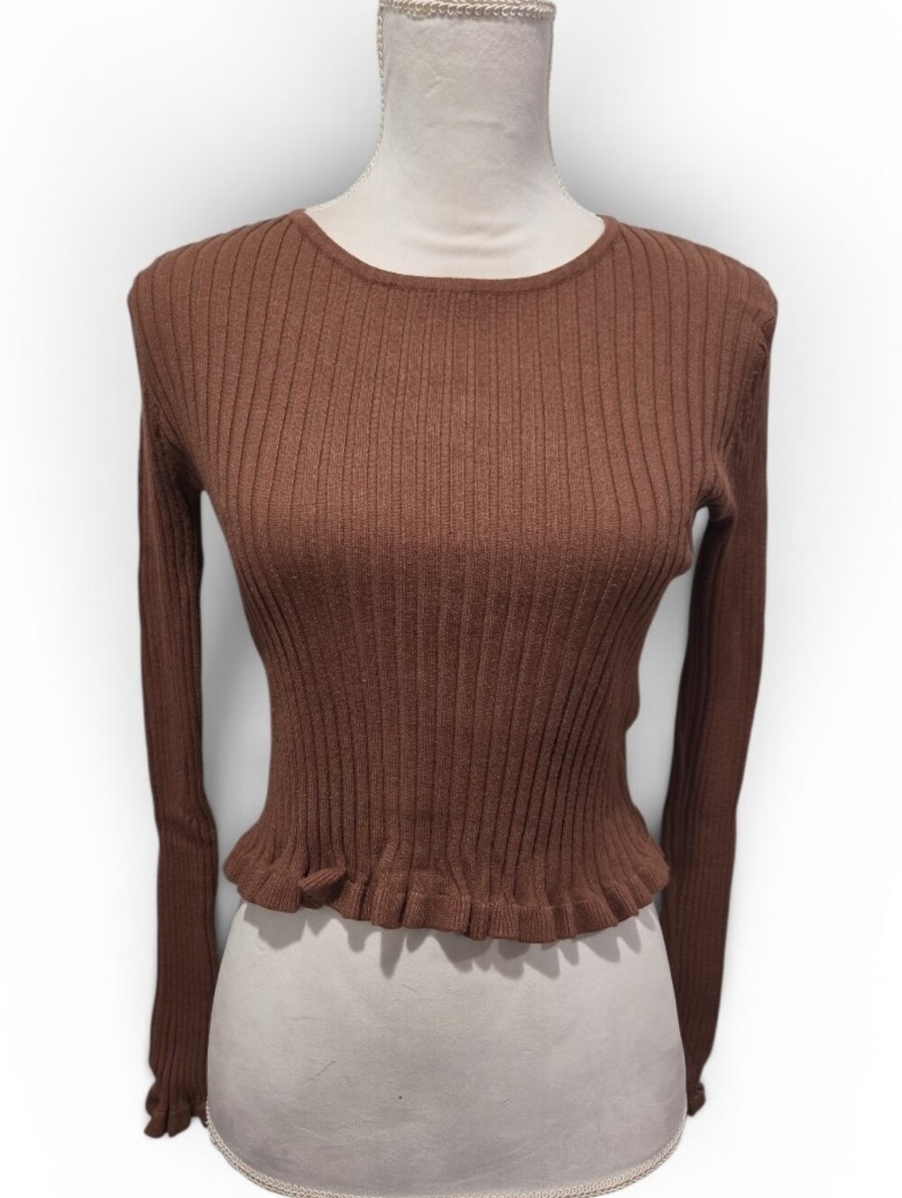 Altar'd State Brown Ribbed Long-Sleeve Crop Top Size Medium